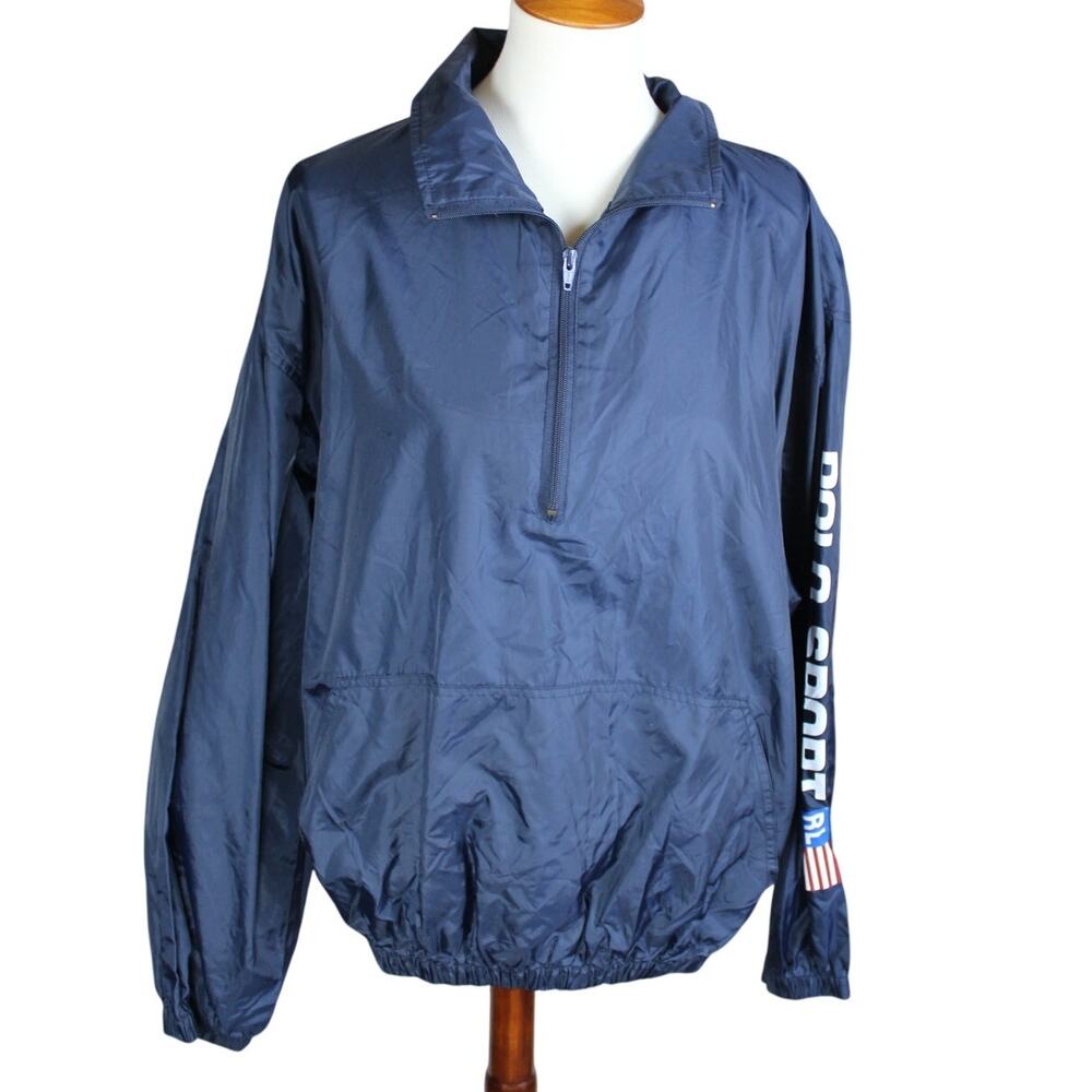 Vintage Polo Sport Windbreaker Mens OS One Size 90s Spellout Flag Blue Jacket